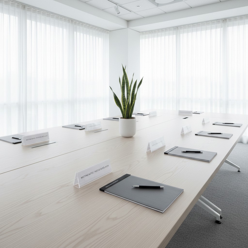 Conference room with conference table center and minimalistic decor.